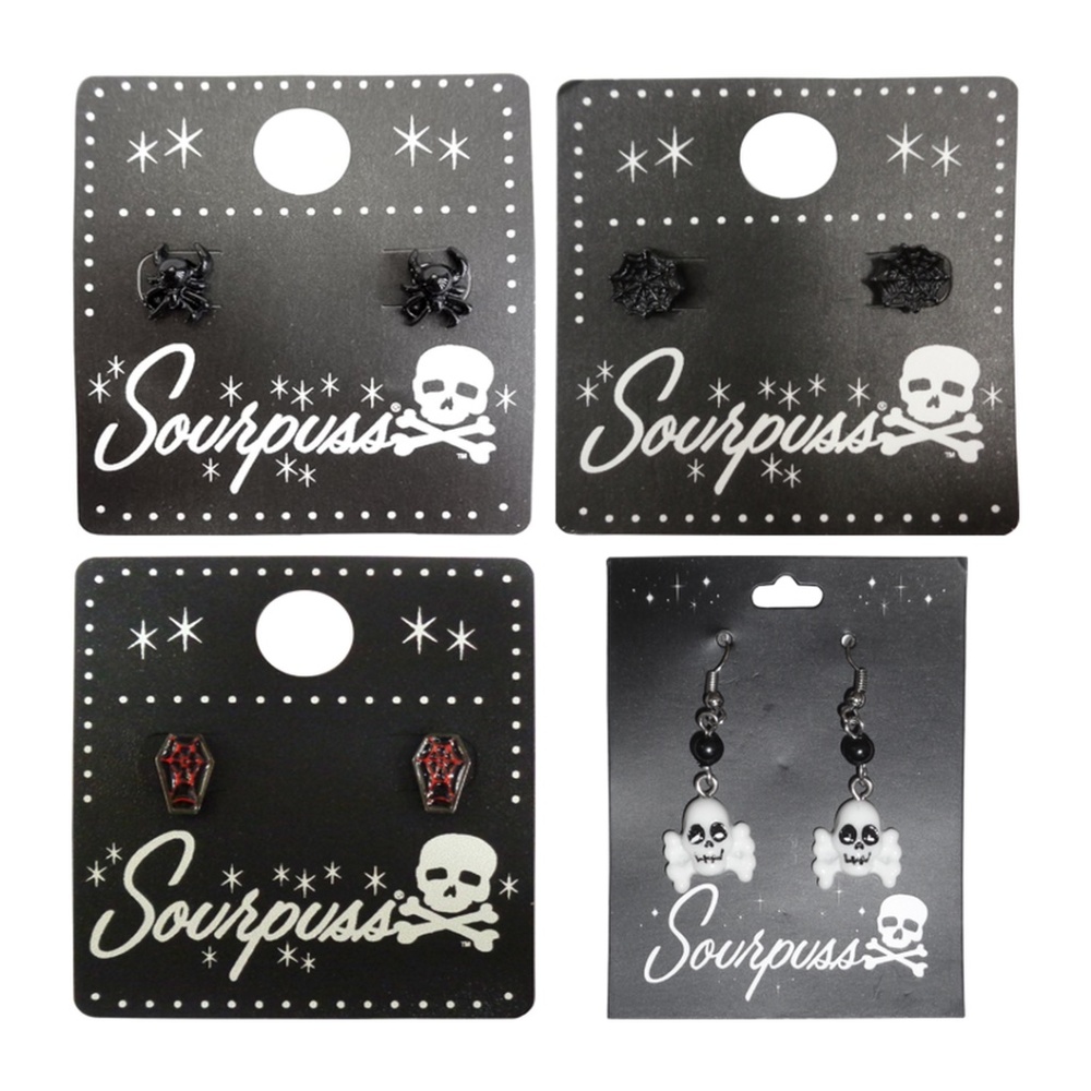 Sourpuss Halloween Earring 4 Pack - Skulls, Coffins, Spiders & Spiderweb Goth